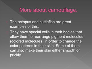 The octopus and cuttlefish are great
examples of this.
They have special cells in their bodies that
allow them to rearrange pigment molecules
(colored molecules) in order to change the
color patterns in their skin. Some of them
can also make their skin either smooth or
prickly.
 