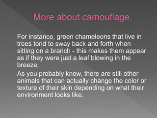 For instance, green chameleons that live in
trees tend to sway back and forth when
sitting on a branch - this makes them appear
as if they were just a leaf blowing in the
breeze.
As you probably know, there are still other
animals that can actually change the color or
texture of their skin depending on what their
environment looks like.
 
