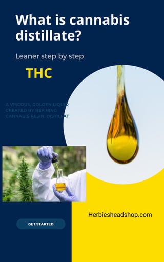 GET STARTED
A VISCOUS, GOLDEN LIQUID
CREATED BY REFINING
CANNABIS RESIN. DISTILLAT
What is cannabis
distillate?
THC
Herbiesheadshop.com
 