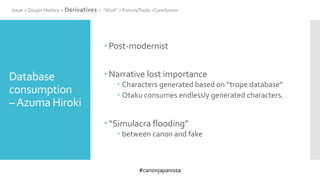 #canonjapanissa
Database
consumption
–Azuma Hiroki
 Post-modernist
 Narrative lost importance
 Characters generated based on “trope database”
 Otaku consumes endlessly generated characters.
 “Simulacra flooding”
 between canon and fake
Issue > Doujin History > Derivatives > “Void” > Forum/Tools >Conclusion
 