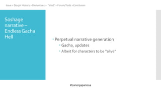 #canonjapanissa
Soshage
narrative –
EndlessGacha
Hell  Perpetual narrative generation
 Gacha, updates
 Albeit for characters to be “alive”
Issue > Doujin History > Derivatives > “Void” > Forum/Tools >Conclusion
 