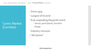 #canonjapanissa
Comic Market
(Comiket)
 Since 1974
 Largest of its kind
 Ever expanding Doujinshi event
 Venue, participants, duration
 Scope
 Industry inclusion
 “All-Genre”
Issue > Doujin History > Derivatives > “Void” > Forum/Tools >Conclusion
 