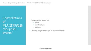 #canonjapanissa
Constellations
of
同人誌即売会
“doujinshi
events”
 “only events” based on
 genre
 narrative type
 Medium
 Driving Doujin landscape to expand further
Issue > Doujin History > Derivatives > “Void” > Forum/Tools >Conclusion
 
