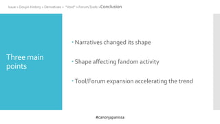 #canonjapanissa
Three main
points
 Narratives changed its shape
 Shape affecting fandom activity
 Tool/Forum expansion accelerating the trend
Issue > Doujin History > Derivatives > “Void” > Forum/Tools >Conclusion
 