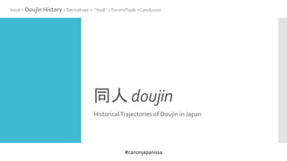 #canonjapanissa
同人 doujin
HistoricalTrajectories of Doujin in Japan
Issue > Doujin History > Derivatives > “Void” > Forum/Tools >Conclusion
 