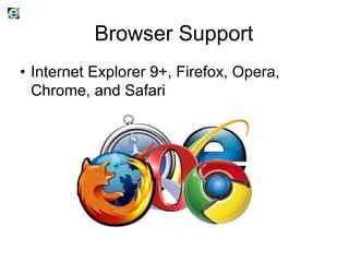Browser Support
• Internet Explorer 9+, Firefox, Opera,
Chrome, and Safari