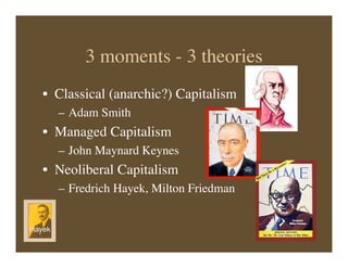 3 moments - 3 theories
• Classical (anarchic?) Capitalism
– Adam Smith
• Managed Capitalism
– John Maynard Keynes
• Neoliberal Capitalism
– Fredrich Hayek, Milton Friedman
 