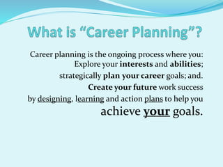 Career planning is the ongoing process where you:
Explore your interests and abilities;
strategically plan your career goals; and.
Create your future work success
by designing, learning and action plans to help you
achieve your goals.