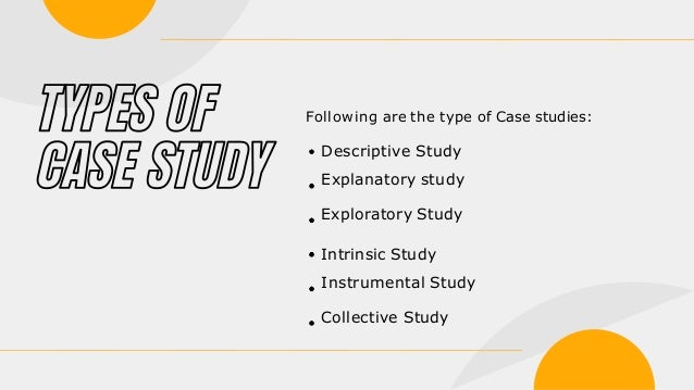 Following are the type of Case studies:
Descriptive Study
Explanatory study
Exploratory Study
Intrinsic Study
Instrumental Study
Collective Study
 