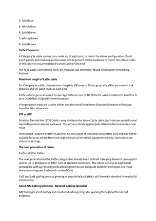 4. SolidBlue
5. White/Blue
6. SolidGreen
7. White/Brown
8. SolidBrown
Cat5e Connector
A Category5e cable connectorismade up of eightpins,tomatch the above configuration.Onall
patch panelsandmodulesacolourcode will be presentonthe hardware tomatch the colourcodes
of the cable to ensure matchedtransmissionendtoend
The RJ45 Cat5e Connectoristhe 8-pinmodularjack commonlyfoundincomputernetworking
devices
Maximumlength ofCat5e cable
For Category5e cable,the maximumlengthis100 meters.Thisisgenerallya90m permanentlink
distance and5m patchleadsat each end
Cat5e cable isgenerallyusedforaverage distance runsof 40-50 metreswheninstalledinanoffice or
so at 1000Mbps (GigabitEthernet) speeds.
If longerpatch leadsare usedat eitherendthe overall maximumdistance allowance will reduce
fromthe 90m allowance
STP vs UTP
ShieldedTwistedPair(STP) Cable isverysimilartothe above Cat5e cable,but featuresanadditional
layerof insulationaroundeachwire.Thisactsas a shieldagainstpotentialinterferenceorelectrical
noise
UnshieldedTwistedPair(UTP) Cable hasnoextralayerof insulationaroundthe wire andmaynotbe
suitable forareaswhere there are large amountsof electrical equipmentnearby,like factoriesor
industrial settings
The nextgenerationof cables
Cat6a vsCat5e Cables
The nextgenerationtothe Cat5e categoryhasalreadybeendefined.Category6A whichcansupport
speedsupto 10 Gbpsover 100m runsat standardconditions.The cableswillalsobe backwards
compatible withcurrentnetworksallowingthemtorunalongside oldernetworktypeslikethose
alreadyrunningoverCat5e and standardCat6.
Cat7 andCat8 cablingare alsogrowinginpopularitybutCat6a is still the mainstandardinnew build
installations
About NM CablingSolutions - NetworkCabling Specialist
NMCablingisa technologyandstructuredcablingintegratorworkingthroughoutthe United
Kingdom.
 