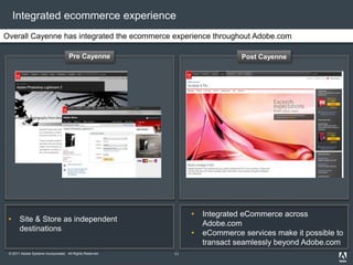 © 2011 Adobe Systems Incorporated. All Rights Reserved.
Integrated ecommerce experience
11
• Site & Store as independent
destinations
• Integrated eCommerce across
Adobe.com
• eCommerce services make it possible to
transact seamlessly beyond Adobe.com
Overall Cayenne has integrated the ecommerce experience throughout Adobe.com
Pre Cayenne Post Cayenne
 