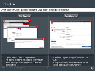 © 2011 Adobe Systems Incorporated. All Rights Reserved.
Checkout
Dylan based multiple page checkout to CQ5 based single page checkout
• Dylan based Checkout process
• No ability to store credit card information
• Multiple steps and pages for Checkout
completion
• Checkout page managed/delivered via
CQ5
• Ability to store Credit card information
• Single page Express Checkout
1
2
3
1
Pre Cayenne Post Cayenne
16
 