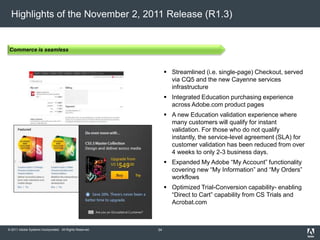 © 2011 Adobe Systems Incorporated. All Rights Reserved.
Highlights of the November 2, 2011 Release (R1.3)
 Streamlined (i.e. single-page) Checkout, served
via CQ5 and the new Cayenne services
infrastructure
 Integrated Education purchasing experience
across Adobe.com product pages
 A new Education validation experience where
many customers will qualify for instant
validation. For those who do not qualify
instantly, the service-level agreement (SLA) for
customer validation has been reduced from over
4 weeks to only 2-3 business days.
 Expanded My Adobe “My Account” functionality
covering new “My Information” and “My Orders”
workflows
 Optimized Trial-Conversion capability- enabling
“Direct to Cart” capability from CS Trials and
Acrobat.com
Commerce is seamless
34
 