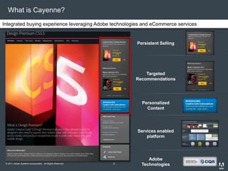 © 2011 Adobe Systems Incorporated. All Rights Reserved.
What is Cayenne?
Persistent Selling
Targeted
Recommendations
Personalized
Content
Integrated buying experience leveraging Adobe technologies and eCommerce services
Adobe
Technologies5
Services enabled
platform
 