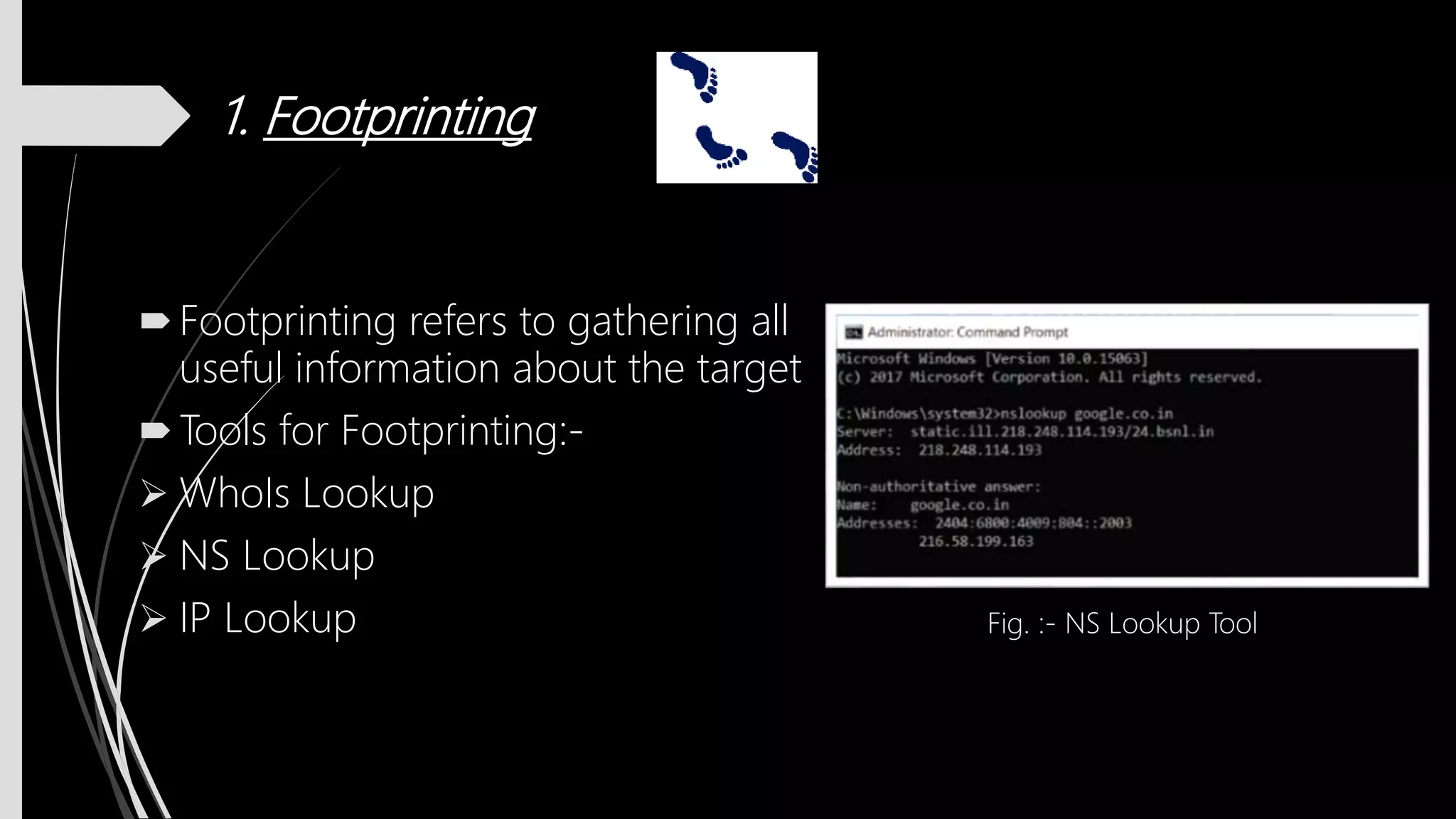 1. Footprinting
Footprinting refers to gathering all
useful information about the target
Tools for Footprinting:-
 WhoIs Lookup
 NS Lookup
 IP Lookup Fig. :- NS Lookup Tool
 