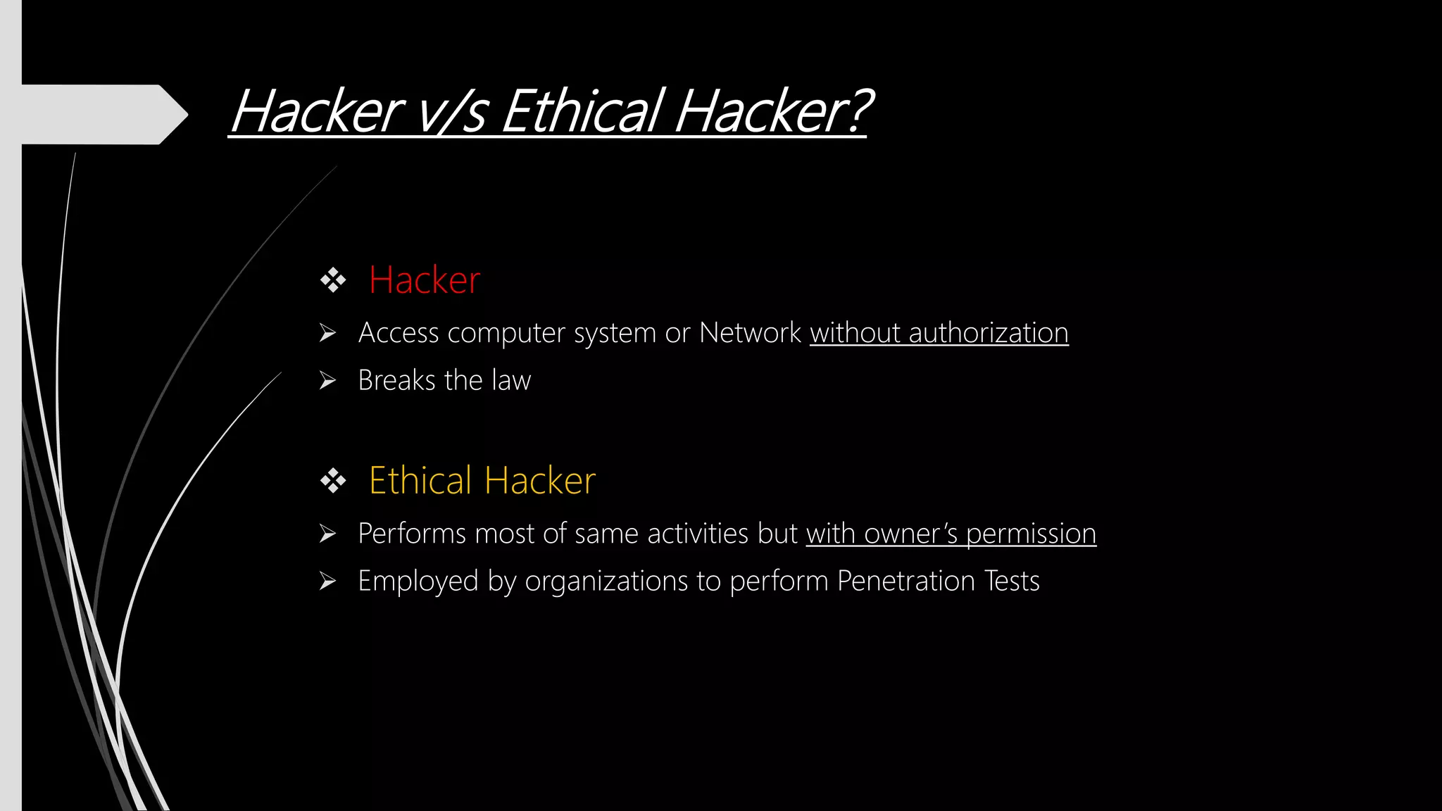 Hacker v/s Ethical Hacker?
 Hacker
 Access computer system or Network without authorization
 Breaks the law
 Ethical Hacker
 Performs most of same activities but with owner’s permission
 Employed by organizations to perform Penetration Tests
 