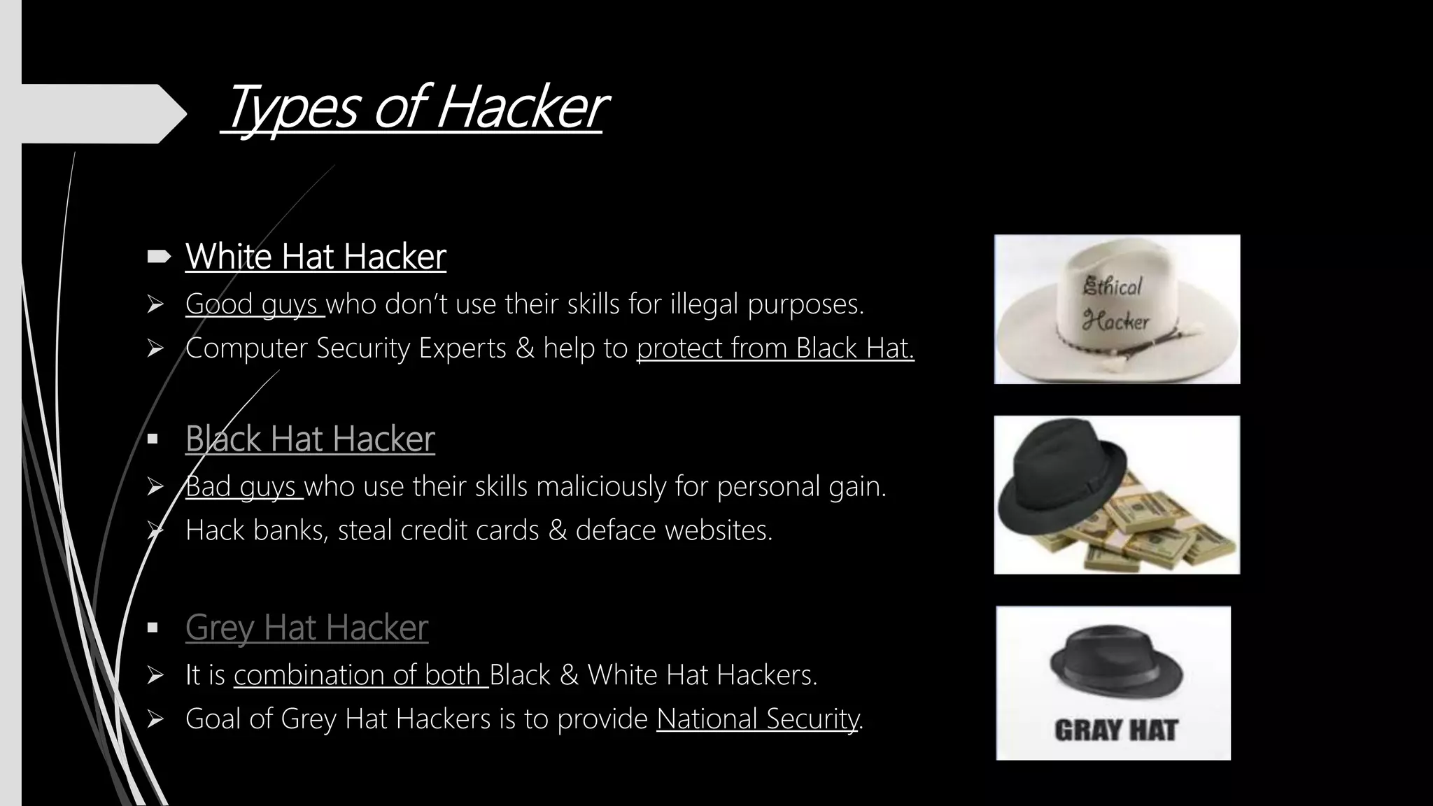 Types of Hacker
 White Hat Hacker
 Good guys who don’t use their skills for illegal purposes.
 Computer Security Experts & help to protect from Black Hat.
 Black Hat Hacker
 Bad guys who use their skills maliciously for personal gain.
 Hack banks, steal credit cards & deface websites.
 Grey Hat Hacker
 It is combination of both Black & White Hat Hackers.
 Goal of Grey Hat Hackers is to provide National Security.
 