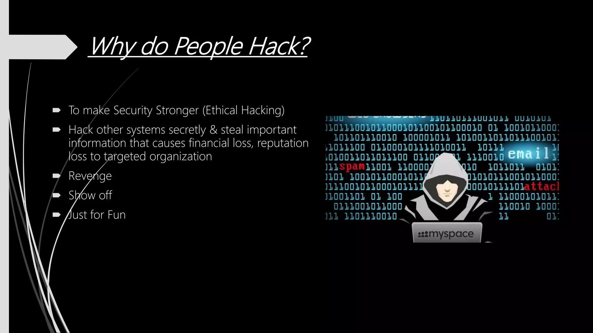 Why do People Hack?
 To make Security Stronger (Ethical Hacking)
 Hack other systems secretly & steal important
information that causes financial loss, reputation
loss to targeted organization
 Revenge
 Show off
 Just for Fun
 
