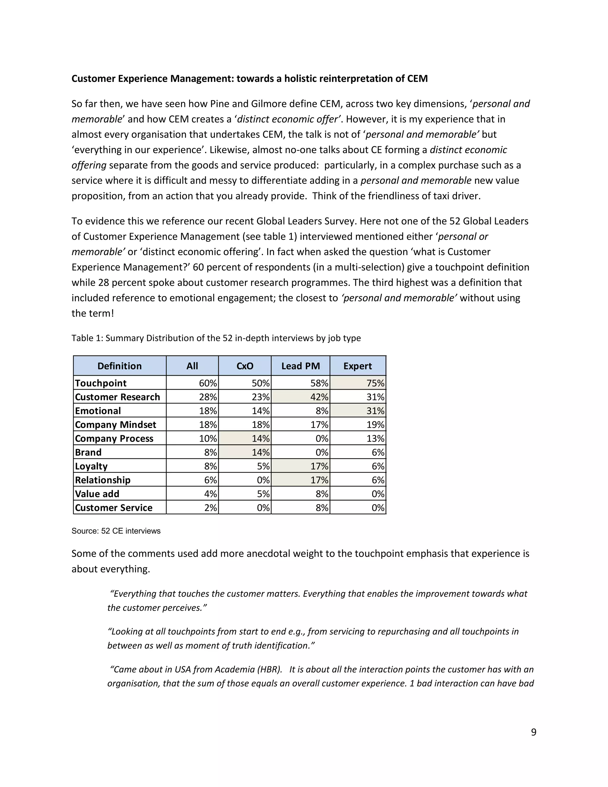 Customer Experience Management: towards a holistic reinterpretation of CEM

So far then, we have seen how Pine and Gilmore define CEM, across two key dimensions, ‘personal and
memorable’ and how CEM creates a ‘distinct economic offer’. However, it is my experience that in
almost every organisation that undertakes CEM, the talk is not of ‘personal and memorable’ but
‘everything in our experience’. Likewise, almost no-one talks about CE forming a distinct economic
offering separate from the goods and service produced: particularly, in a complex purchase such as a
service where it is difficult and messy to differentiate adding in a personal and memorable new value
proposition, from an action that you already provide. Think of the friendliness of taxi driver.

To evidence this we reference our recent Global Leaders Survey. Here not one of the 52 Global Leaders
of Customer Experience Management (see table 1) interviewed mentioned either ‘personal or
memorable’ or ‘distinct economic offering’. In fact when asked the question ‘what is Customer
Experience Management?’ 60 percent of respondents (in a multi-selection) give a touchpoint definition
while 28 percent spoke about customer research programmes. The third highest was a definition that
included reference to emotional engagement; the closest to ‘personal and memorable’ without using
the term!

Table 1: Summary Distribution of the 52 in-depth interviews by job type

      Definition             All         CxO         Lead PM         Expert      High Mature       Other
Touchpoint                         60%       50%            58%            75%             58%          82%
Customer Research                  28%       23%            42%            31%             26%          36%
Emotional                          18%       14%             8%            31%             11%          32%
Company Mindset                    18%       18%            17%            19%             26%          18%
Company Process                    10%       14%             0%            13%             11%           9%
Brand                               8%       14%             0%             6%             16%           5%
Loyalty                             8%        5%            17%             6%              5%          14%
Relationship                        6%        0%            17%             6%              0%          14%
Value add                           4%        5%             8%             0%              0%           5%
Customer Service                    2%        0%             8%             0%              0%           5%

Source: 52 CE interviews

Some of the comments used add more anecdotal weight to the touchpoint emphasis that experience is
about everything.

          “Everything that touches the customer matters. Everything that enables the improvement towards what
         the customer perceives.”

         “Looking at all touchpoints from start to end e.g., from servicing to repurchasing and all touchpoints in
         between as well as moment of truth identification.”

         “Came about in USA from Academia (HBR). It is about all the interaction points the customer has with an
         organisation, that the sum of those equals an overall customer experience. 1 bad interaction can have bad



                                                                                                                     9
 