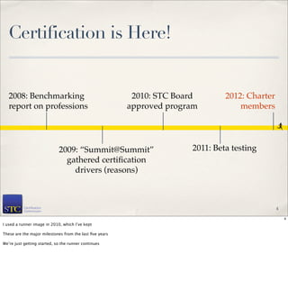 Certification is Here!


   2008: Benchmarking                                     2010: STC Board       2012: Charter
   report on professions                                 approved program           members




                             2009: “Summit@Summit”                     2011: Beta testing
                               gathered certiﬁcation
                                 drivers (reasons)



                                                                                                4

                                                                                                    4
I used a runner image in 2010, which I’ve kept

These are the major milestones from the last ﬁve years

We’re just getting started, so the runner continues
 