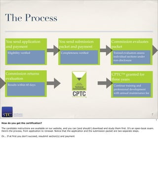 The Process

    You send application                             You send submission                          Commission evaluates
    and payment                                      packet and payment                           packet
     Eligibility veriﬁed                               Completeness veriﬁed                         Trained evaluators assess
                                                                                                    individual sections under
                                                                                                    non-disclosure



   Commission returns                                                                              CPTC™ granted for
   evaluation                                                                                      three years
     Results within 60 days                                                                         Continue training and
                                                                                                    professional development
                                                                                                    with annual maintenance fee




                                                                                                                                       7

                                                                                                                                            7
How do you get the certification?

The candidate instructions are available on our website, and you can (and should!) download and study them first. It’s an open-book exam.
Here’s the process, from application to renewal. Notice that the application and the submission packet are two separate steps.

Or... If at first you don’t succeed, resubmit section(s) and payment
 
