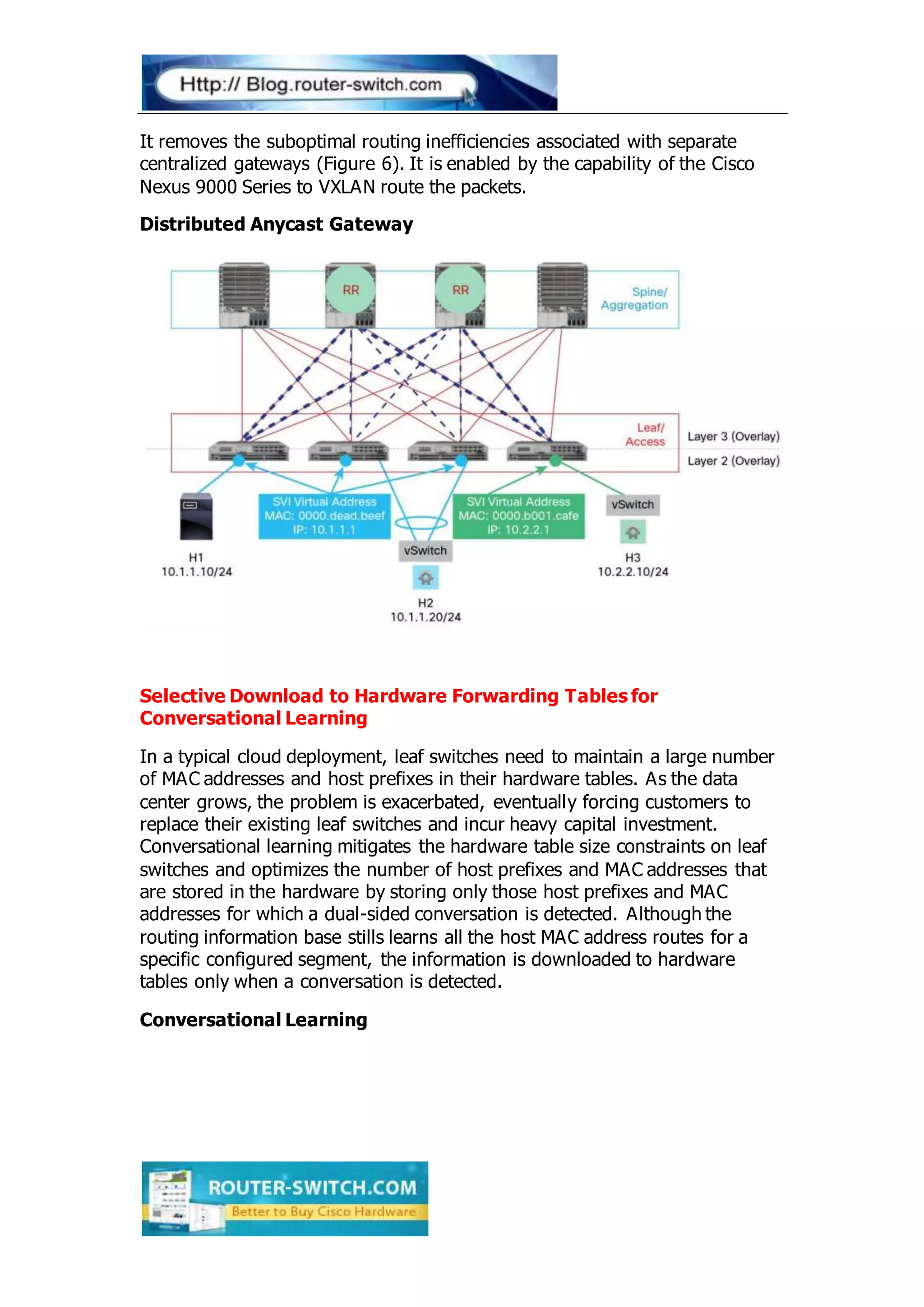 It removes the suboptimal routing inefficiencies associated with separate
centralized gateways (Figure 6). It is enabled by the capability of the Cisco
Nexus 9000 Series to VXLAN route the packets.
Distributed Anycast Gateway
Selective Download to Hardware Forwarding Tables for
Conversational Learning
In a typical cloud deployment, leaf switches need to maintain a large number
of MAC addresses and host prefixes in their hardware tables. As the data
center grows, the problem is exacerbated, eventually forcing customers to
replace their existing leaf switches and incur heavy capital investment.
Conversational learning mitigates the hardware table size constraints on leaf
switches and optimizes the number of host prefixes and MAC addresses that
are stored in the hardware by storing only those host prefixes and MAC
addresses for which a dual-sided conversation is detected. Although the
routing information base stills learns all the host MAC address routes for a
specific configured segment, the information is downloaded to hardware
tables only when a conversation is detected.
Conversational Learning
 