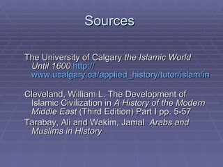 Sources  The University of Calgary  the Islamic World Until 1600   http:// www.ucalgary.ca/applied_history/tutor/islam/index.html   Cleveland, William L. The Development of Islamic Civilization in  A History of the Modern Middle East  (Third Edition) Part I pp. 5-57 Tarabay, Ali and Wakim, Jamal  Arabs and Muslims in History   