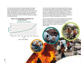 12
As if that were not enough, the forests and jungles of the planet
have been dwindling at the same speed as CO2
emissions have
been increasing, yielding an unfortunate result for life on earth—the
planet’s atmosphere is retaining more heat. Thus, the average tem-
perature of the earth has increased slightly more than 0.7o
C over
the past 150 years (IPCC, 2007), and this has disrupted the balance
of the planet’s climate.
Figure 4. CO2
concentration in atmosphere over
the past 150 years
CO2
CO2(ppm)
1850 1870 1890 1910 1930 1950 1970 1990 2010
300
320
340
360
380
400
Year
Atmospheric
Source: GEO 5 Report
For a long time, we believed climatic impacts were limited to areas
of industrial activity. Today, we know that the atmosphere distributes
them all over the planet, causing global effects. Climate change
occurs in a cumulative fashion, that is, depending on the sum of all
emissions of the world, large and small. All emissions count, and
this is why we urgently need to take action to reduce emissions and
keep the rise in the earth’s temperature to a minimum.
We also need to prepare for the climatic changes that will inevitably
occur. Our cities and towns, our homes and schools, and our
economic activities are not necessarily prepared for the
effects—for example, the intensification of droughts
and heat waves in some areas, or of rain and
floods in others.
CO2
(ppm)
1850
400
380
360
340
320
300
1870 1890 1910 1930 1950 1970 1990 2010
Atmospheric CO2
concentrations
Year
 