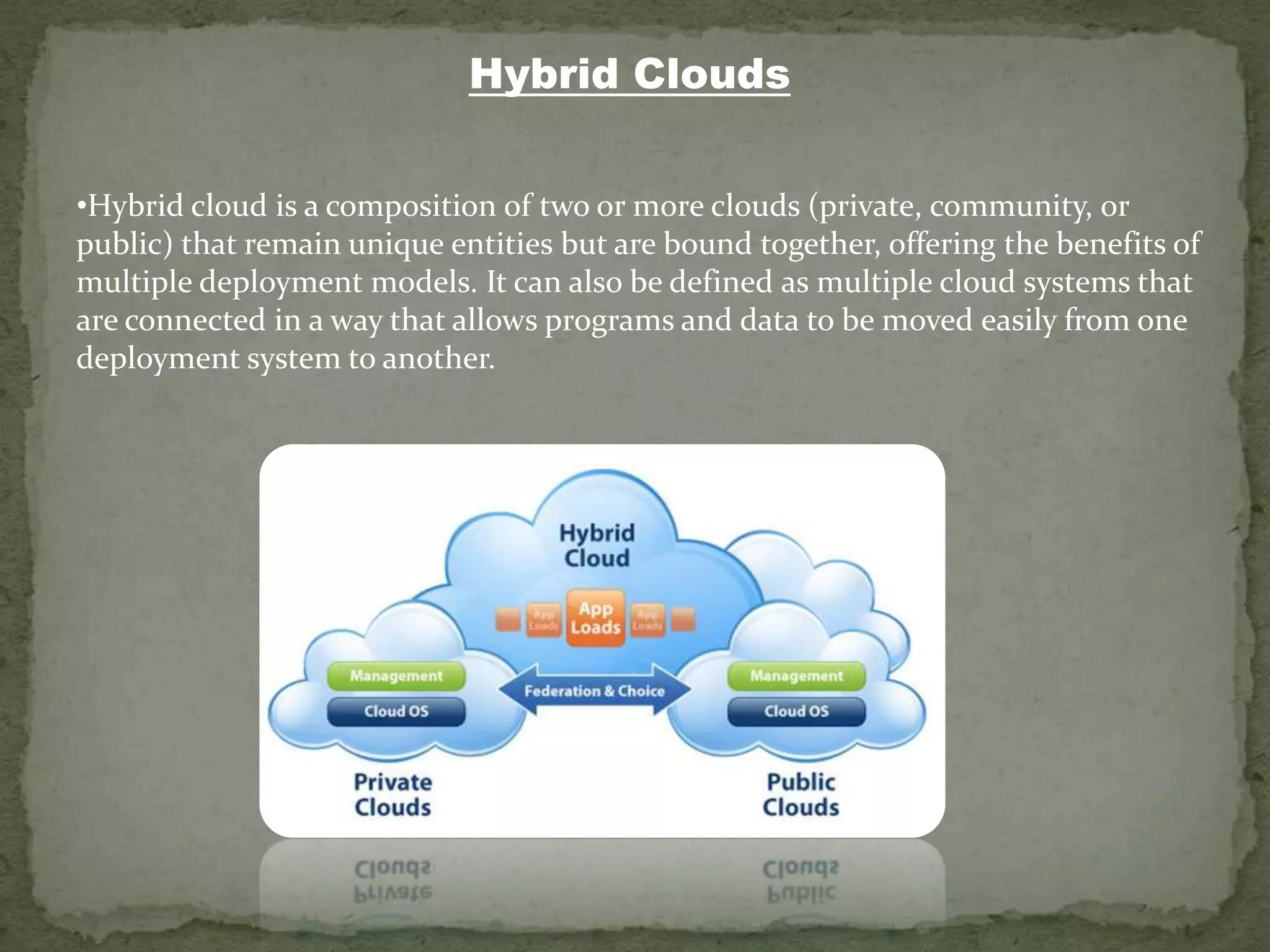 Hybrid Clouds


•Hybrid cloud is a composition of two or more clouds (private, community, or
public) that remain unique entities but are bound together, offering the benefits of
multiple deployment models. It can also be defined as multiple cloud systems that
are connected in a way that allows programs and data to be moved easily from one
deployment system to another.
 