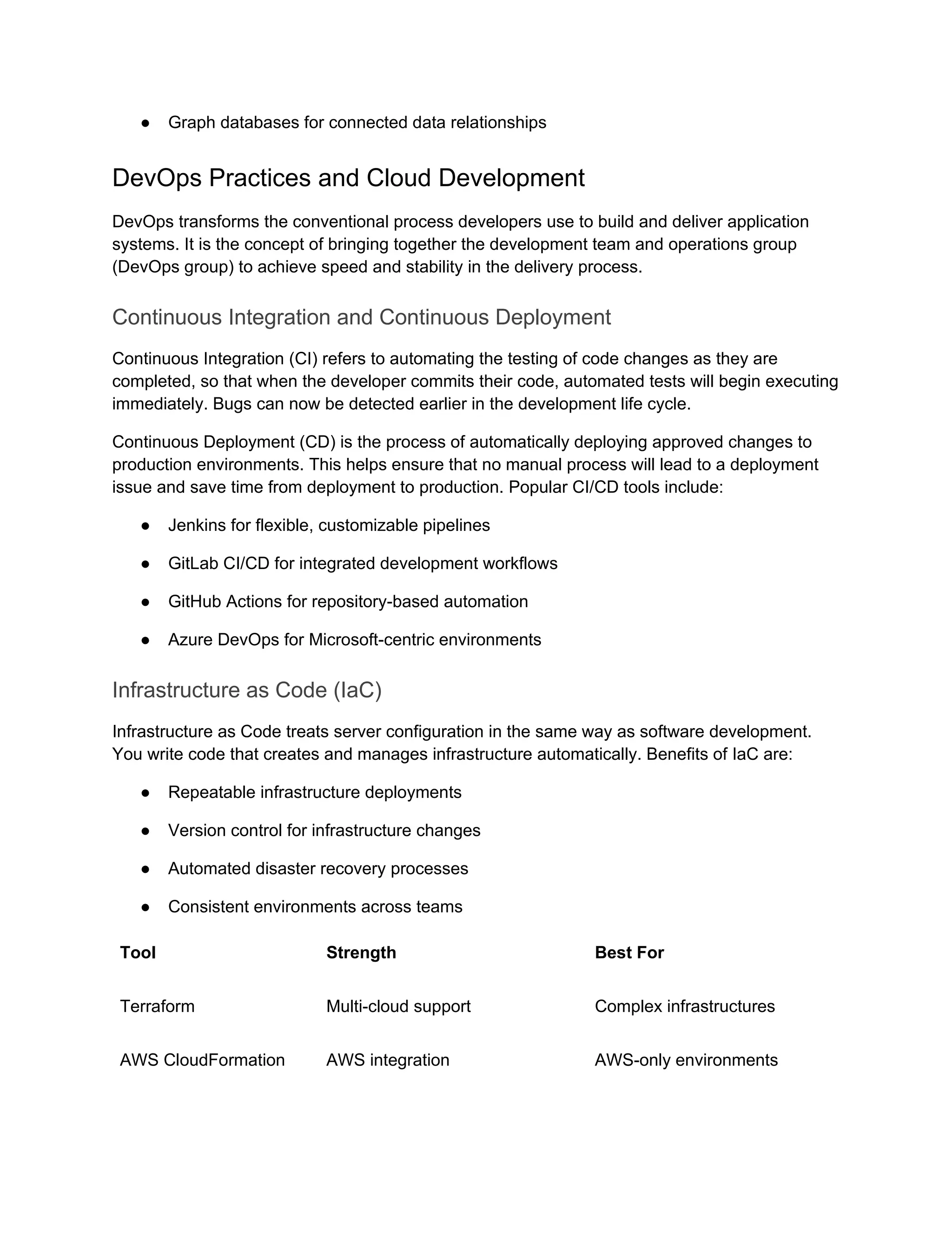 ● Graph databases for connected data relationships
DevOps Practices and Cloud Development
DevOps transforms the conventional process developers use to build and deliver application
systems. It is the concept of bringing together the development team and operations group
(DevOps group) to achieve speed and stability in the delivery process.
Continuous Integration and Continuous Deployment
Continuous Integration (CI) refers to automating the testing of code changes as they are
completed, so that when the developer commits their code, automated tests will begin executing
immediately. Bugs can now be detected earlier in the development life cycle.
Continuous Deployment (CD) is the process of automatically deploying approved changes to
production environments. This helps ensure that no manual process will lead to a deployment
issue and save time from deployment to production. Popular CI/CD tools include:
● Jenkins for flexible, customizable pipelines
● GitLab CI/CD for integrated development workflows
● GitHub Actions for repository-based automation
● Azure DevOps for Microsoft-centric environments
Infrastructure as Code (IaC)
Infrastructure as Code treats server configuration in the same way as software development.
You write code that creates and manages infrastructure automatically. Benefits of IaC are:
● Repeatable infrastructure deployments
● Version control for infrastructure changes
● Automated disaster recovery processes
● Consistent environments across teams
Tool Strength Best For
Terraform Multi-cloud support Complex infrastructures
AWS CloudFormation AWS integration AWS-only environments
 
