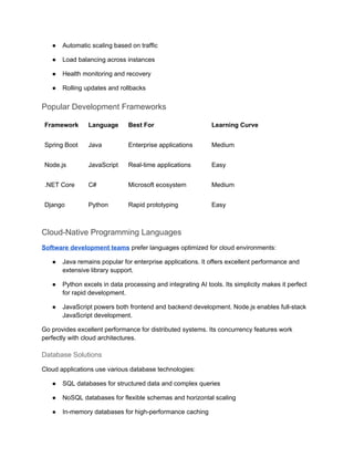 ● Automatic scaling based on traffic
● Load balancing across instances
● Health monitoring and recovery
● Rolling updates and rollbacks
Popular Development Frameworks
Framework Language Best For Learning Curve
Spring Boot Java Enterprise applications Medium
Node.js JavaScript Real-time applications Easy
.NET Core C# Microsoft ecosystem Medium
Django Python Rapid prototyping Easy
Cloud-Native Programming Languages
Software development teams prefer languages optimized for cloud environments:
● Java remains popular for enterprise applications. It offers excellent performance and
extensive library support.
● Python excels in data processing and integrating AI tools. Its simplicity makes it perfect
for rapid development.
● JavaScript powers both frontend and backend development. Node.js enables full-stack
JavaScript development.
Go provides excellent performance for distributed systems. Its concurrency features work
perfectly with cloud architectures.
Database Solutions
Cloud applications use various database technologies:
● SQL databases for structured data and complex queries
● NoSQL databases for flexible schemas and horizontal scaling
● In-memory databases for high-performance caching
 