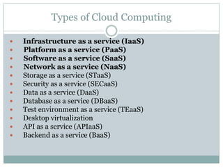 Types of Cloud Computing

   Infrastructure as a service (IaaS)
   Platform as a service (PaaS)
   Software as a service (SaaS)
   Network as a service (NaaS)
   Storage as a service (STaaS)
   Security as a service (SECaaS)
   Data as a service (DaaS)
   Database as a service (DBaaS)
   Test environment as a service (TEaaS)
   Desktop virtualization
   API as a service (APIaaS)
   Backend as a service (BaaS)
 