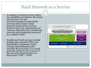 NaaS Network as a Service
 A category of cloud services where
  the capability provided to the cloud
  service user is to use
  network/transport connectivity
  services and/or inter-cloud
  network connectivity services.
  NaaS involves the optimization of
  resource allocations by considering
  network and computing resources
  as a unified whole.

 Traditional NaaS services include
  flexible and extended VPN, and
  bandwidth on demand. NaaS
  concept materialization also
  includes the provision of a virtual
  network service by the owners of
  the network infrastructure to a
  third party (VNP – VNO)
 