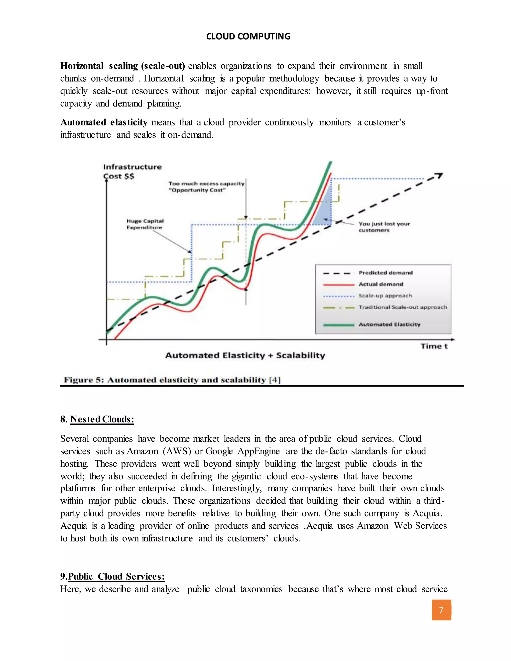 CLOUD COMPUTING
[AUTHOR NAME] 7
Horizontal scaling (scale-out) enables organizations to expand their environment in small
chunks on-demand . Horizontal scaling is a popular methodology because it provides a way to
quickly scale-out resources without major capital expenditures; however, it still requires up-front
capacity and demand planning.
Automated elasticity means that a cloud provider continuously monitors a customer’s
infrastructure and scales it on-demand.
8. NestedClouds:
Several companies have become market leaders in the area of public cloud services. Cloud
services such as Amazon (AWS) or Google AppEngine are the de-facto standards for cloud
hosting. These providers went well beyond simply building the largest public clouds in the
world; they also succeeded in defining the gigantic cloud eco-systems that have become
platforms for other enterprise clouds. Interestingly, many companies have built their own clouds
within major public clouds. These organizations decided that building their cloud within a third-
party cloud provides more benefits relative to building their own. One such company is Acquia.
Acquia is a leading provider of online products and services .Acquia uses Amazon Web Services
to host both its own infrastructure and its customers’ clouds.
9.Public Cloud Services:
Here, we describe and analyze public cloud taxonomies because that’s where most cloud service
 