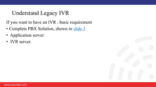Understand Legacy IVR
www.ozonetel.com
If you want to have an IVR , basic requirement
• Complete PBX Solution, shown in sl...