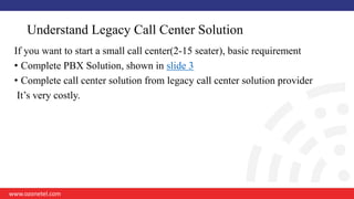 Understand Legacy Call Center Solution
www.ozonetel.com
If you want to start a small call center(2-15 seater), basic requi...