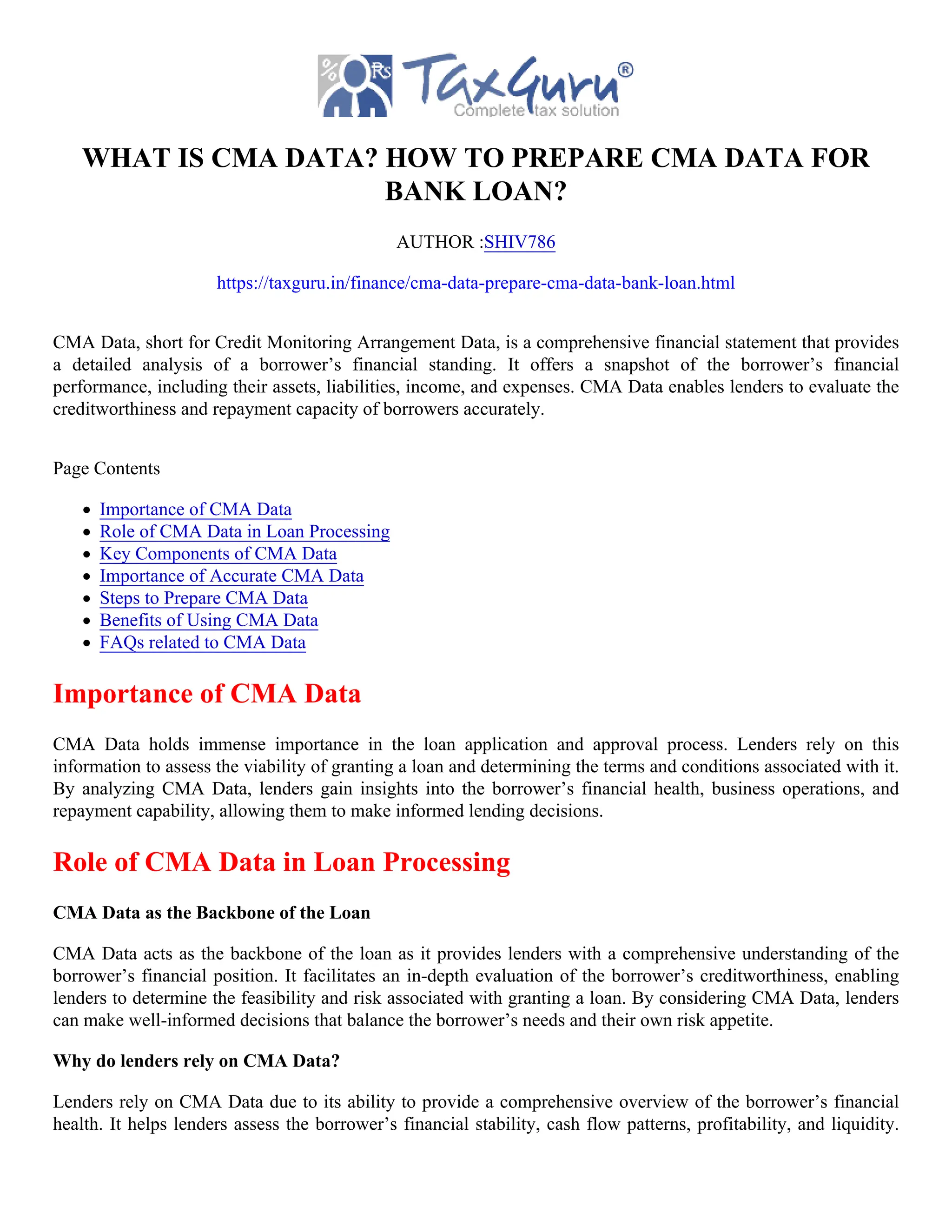 What is CMA Data_ How to Prepare CMA Data for Bank Loan | PDF | Home ...