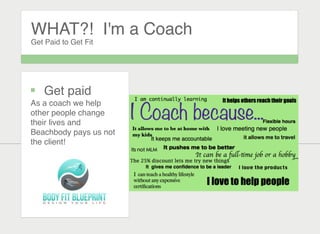 WHAT?! I'm a Coach
Get Paid to Get Fit
Get paid
As a coach we help
other people change
their lives and
Beachbody pays us not
the client!
 