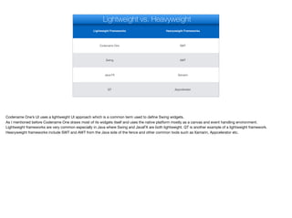Lightweight Frameworks Heavyweight Frameworks
Codename One SWT
Swing AWT
Java FX Xamarin
QT Appcelerator
Lightweight vs. Heavyweight
Codename One’s UI uses a lightweight UI approach which is a common term used to define Swing widgets.

As I mentioned before Codename One draws most of its widgets itself and uses the native platform mostly as a canvas and event handling environment.

Lightweight frameworks are very common especially in Java where Swing and JavaFX are both lightweight. QT is another example of a lightweight framework.
Heavyweight frameworks include SWT and AWT from the Java side of the fence and other common tools such as Xamarin, Appcelerator etc.
 