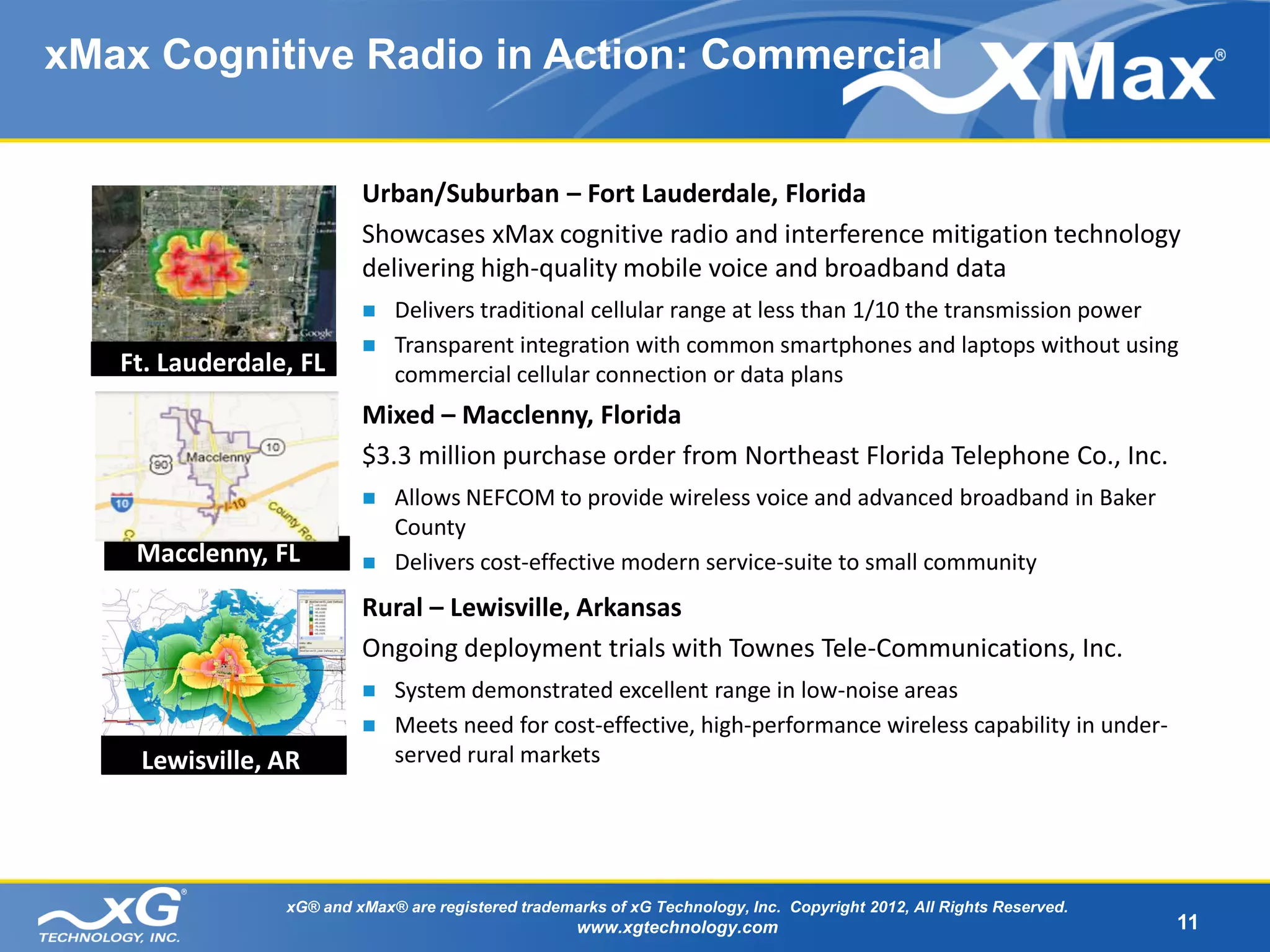 xMax Cognitive Radio in Action: Commercial


                          Urban/Suburban – Fort Lauderdale, Florida
                          Showcases xMax cognitive radio and interference mitigation technology
                          delivering high-quality mobile voice and broadband data
                             Delivers traditional cellular range at less than 1/10 the transmission power
                             Transparent integration with common smartphones and laptops without using
   Ft. Lauderdale, FL         commercial cellular connection or data plans
                          Mixed – Macclenny, Florida
                          $3.3 million purchase order from Northeast Florida Telephone Co., Inc.
                             Allows NEFCOM to provide wireless voice and advanced broadband in Baker
                              County
    Macclenny, FL            Delivers cost-effective modern service-suite to small community
                          Rural – Lewisville, Arkansas
                          Ongoing deployment trials with Townes Tele-Communications, Inc.
                             System demonstrated excellent range in low-noise areas
                             Meets need for cost-effective, high-performance wireless capability in under-
    Lewisville, AR            served rural markets




                 xG® and xMax® are registered trademarks of xG Technology, Inc. Copyright 2012, All Rights Reserved.
                                                     www.xgtechnology.com                                              11
 