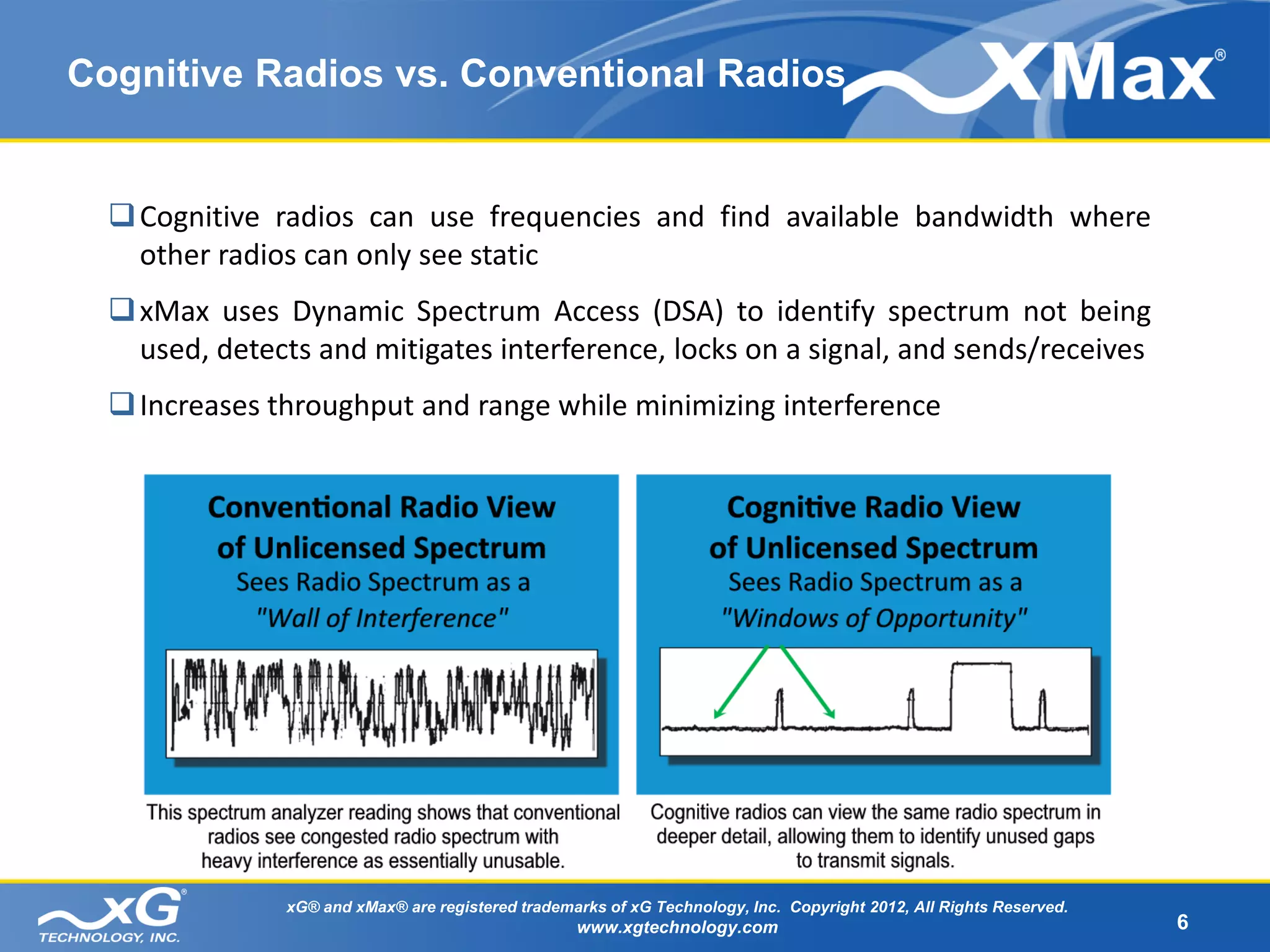 Cognitive Radios vs. Conventional Radios


   Cognitive radios can use frequencies and find available bandwidth where
    other radios can only see static
   xMax uses Dynamic Spectrum Access (DSA) to identify spectrum not being
    used, detects and mitigates interference, locks on a signal, and sends/receives
   Increases throughput and range while minimizing interference




               xG® and xMax® are registered trademarks of xG Technology, Inc. Copyright 2012, All Rights Reserved.
                                                   www.xgtechnology.com                                              6
 