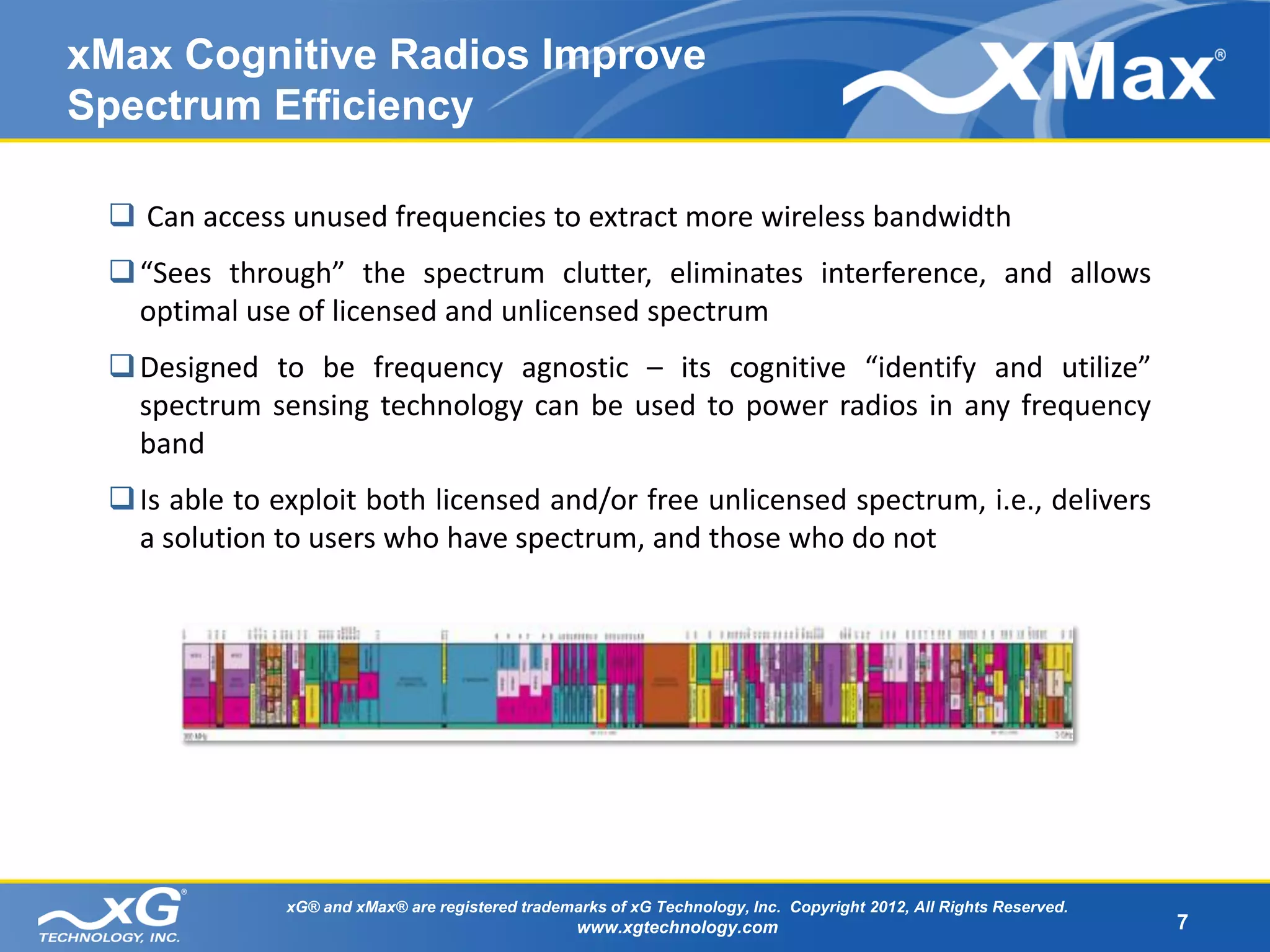 xMax Cognitive Radios Improve
Spectrum Efficiency

  Can access unused frequencies to extract more wireless bandwidth
  “Sees through” the spectrum clutter, eliminates interference, and allows
   optimal use of licensed and unlicensed spectrum
  Designed to be frequency agnostic – its cognitive “identify and utilize”
   spectrum sensing technology can be used to power radios in any frequency
   band
  Is able to exploit both licensed and/or free unlicensed spectrum, i.e., delivers
   a solution to users who have spectrum, and those who do not




               xG® and xMax® are registered trademarks of xG Technology, Inc. Copyright 2012, All Rights Reserved.
                                                   www.xgtechnology.com                                              7
 
