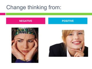Change thinking from:

    NEGATIVE            POSITIVE
 