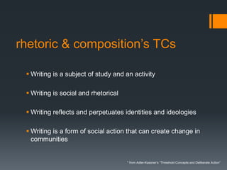 rhetoric & composition’s TCs
 Writing is a subject of study and an activity
 Writing is social and rhetorical
 Writing reflects and perpetuates identities and ideologies
 Writing is a form of social action that can create change in
communities
* from Adler-Kassner’s “Threshold Concepts and Deliberate Action”
 