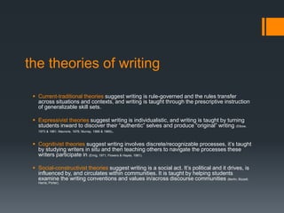 the theories of writing
 Current-traditional theories suggest writing is rule-governed and the rules transfer
across situations and contexts, and writing is taught through the prescriptive instruction
of generalizable skill sets.
 Expressivist theories suggest writing is individualistic, and writing is taught by turning
students inward to discover their “authentic” selves and produce “original” writing (Elbow,
1973 & 1981; Macrorie, 1976; Murray, 1968 & 1969).
 Cognitivist theories suggest writing involves discrete/recognizable processes, it’s taught
by studying writers in situ and then teaching others to navigate the processes these
writers participate in (Emig, 1971; Flowers & Hayes, 1981).
 Social-constructivist theories suggest writing is a social act. It’s political and it drives, is
influenced by, and circulates within communities. It is taught by helping students
examine the writing conventions and values in/across discourse communities (Berlin; Bizzell;
Harris; Porter).
 