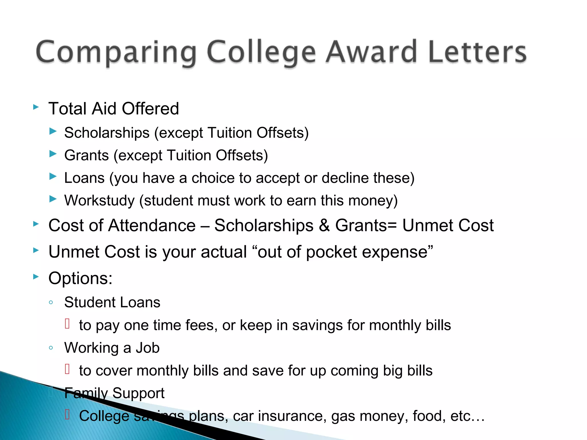    Total Aid Offered
     Scholarships (except Tuition Offsets)
     Grants (except Tuition Offsets)
     Loans (you have a choice to accept or decline these)
     Workstudy (student must work to earn this money)
   Cost of Attendance – Scholarships & Grants= Unmet Cost
   Unmet Cost is your actual “out of pocket expense”
   Options:
    ◦ Student Loans
       to pay one time fees, or keep in savings for monthly bills
    ◦ Working a Job
       to cover monthly bills and save for up coming big bills
     Family Support
       College savings plans, car insurance, gas money, food, etc…
 