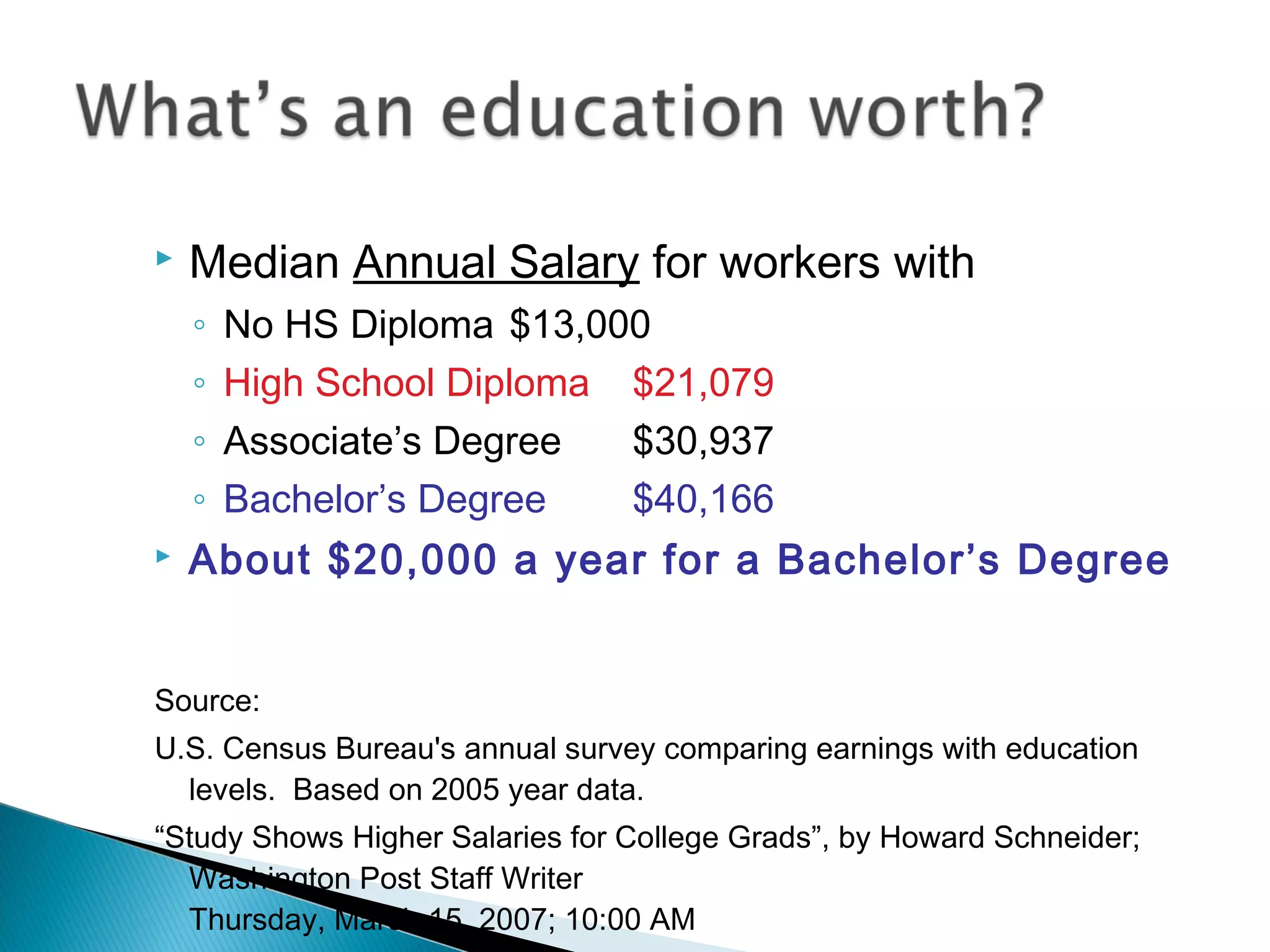    Median Annual Salary for workers with
    ◦   No HS Diploma $13,000
    ◦   High School Diploma $21,079
    ◦   Associate’s Degree  $30,937
    ◦   Bachelor’s Degree   $40,166
   About $20,000 a year for a Bachelor’s Degree


Source:
U.S. Census Bureau's annual survey comparing earnings with education
  levels. Based on 2005 year data.
“Study Shows Higher Salaries for College Grads”, by Howard Schneider;
  Washington Post Staff Writer
  Thursday, March 15, 2007; 10:00 AM
 