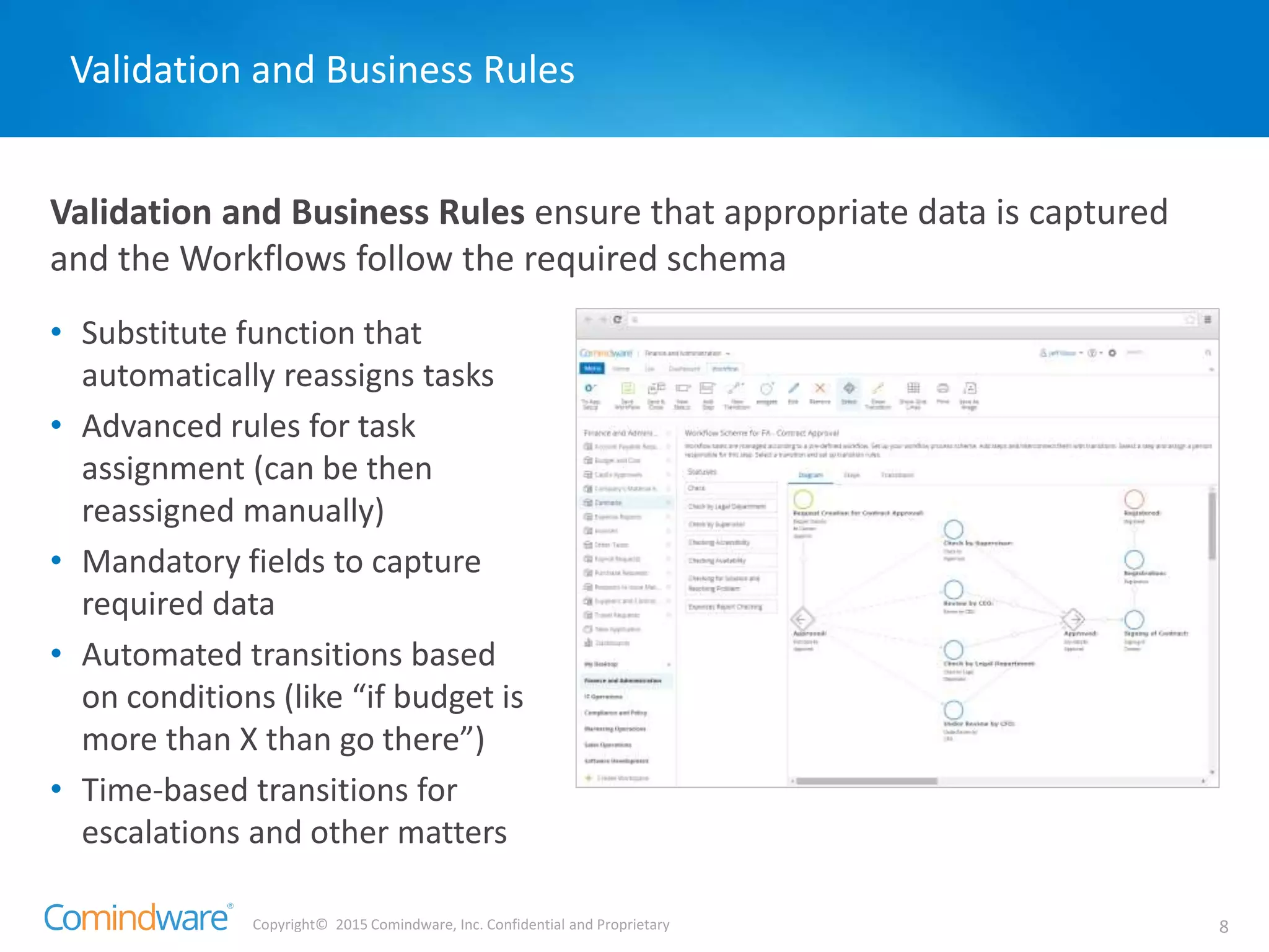 Copyright© 2015 Comindware, Inc. Confidential and Proprietary 8
Validation and Business Rules ensure that appropriate data is captured
and the Workflows follow the required schema
Validation and Business Rules
• Substitute function that
automatically reassigns tasks
• Advanced rules for task
assignment (can be then
reassigned manually)
• Mandatory fields to capture
required data
• Automated transitions based
on conditions (like “if budget is
more than X than go there”)
• Time-based transitions for
escalations and other matters
 