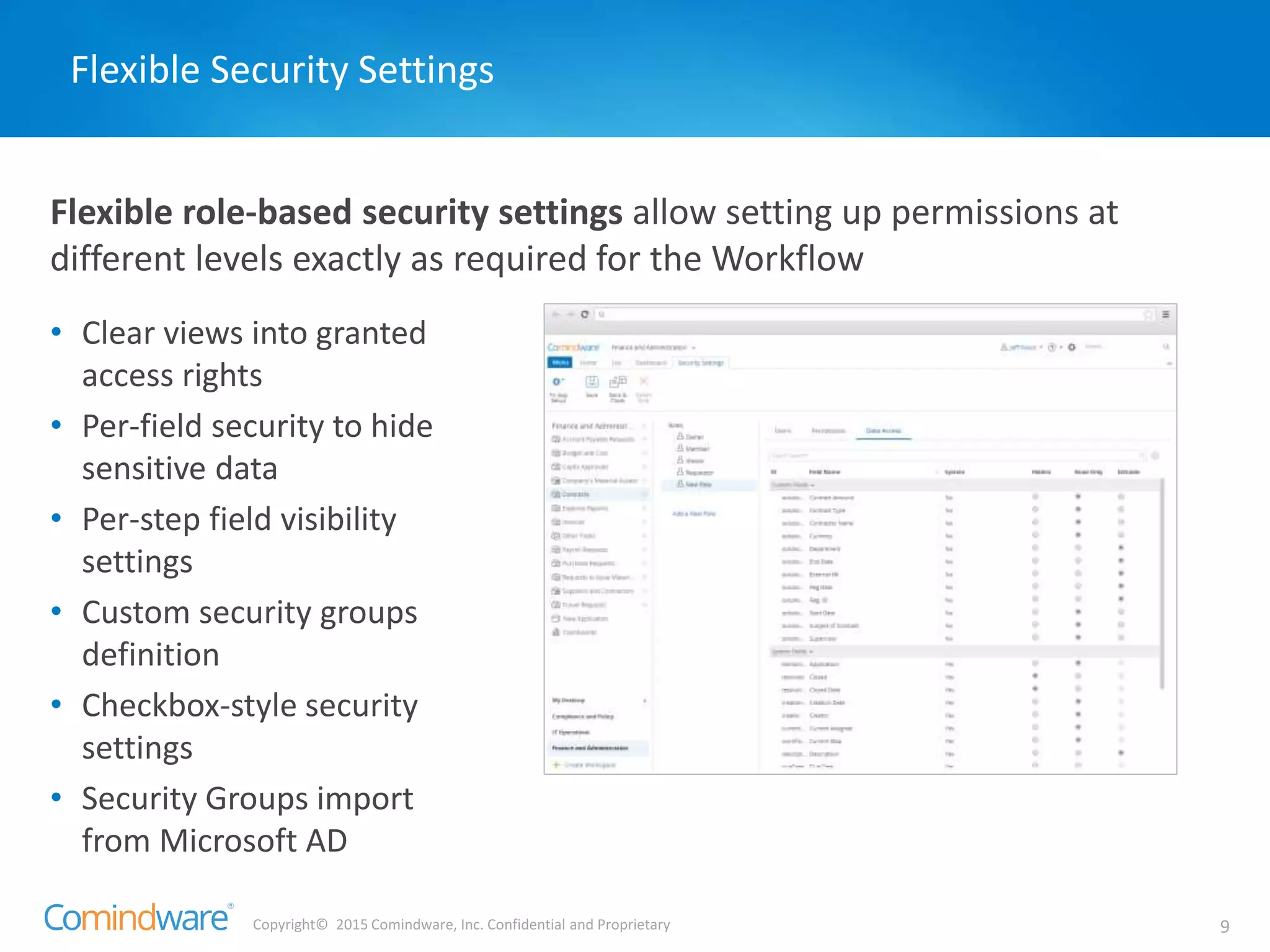Copyright© 2015 Comindware, Inc. Confidential and Proprietary 9
Flexible role-based security settings allow setting up permissions at
different levels exactly as required for the Workflow
Flexible Security Settings
• Clear views into granted
access rights
• Per-field security to hide
sensitive data
• Per-step field visibility
settings
• Custom security groups
definition
• Checkbox-style security
settings
• Security Groups import
from Microsoft AD
 