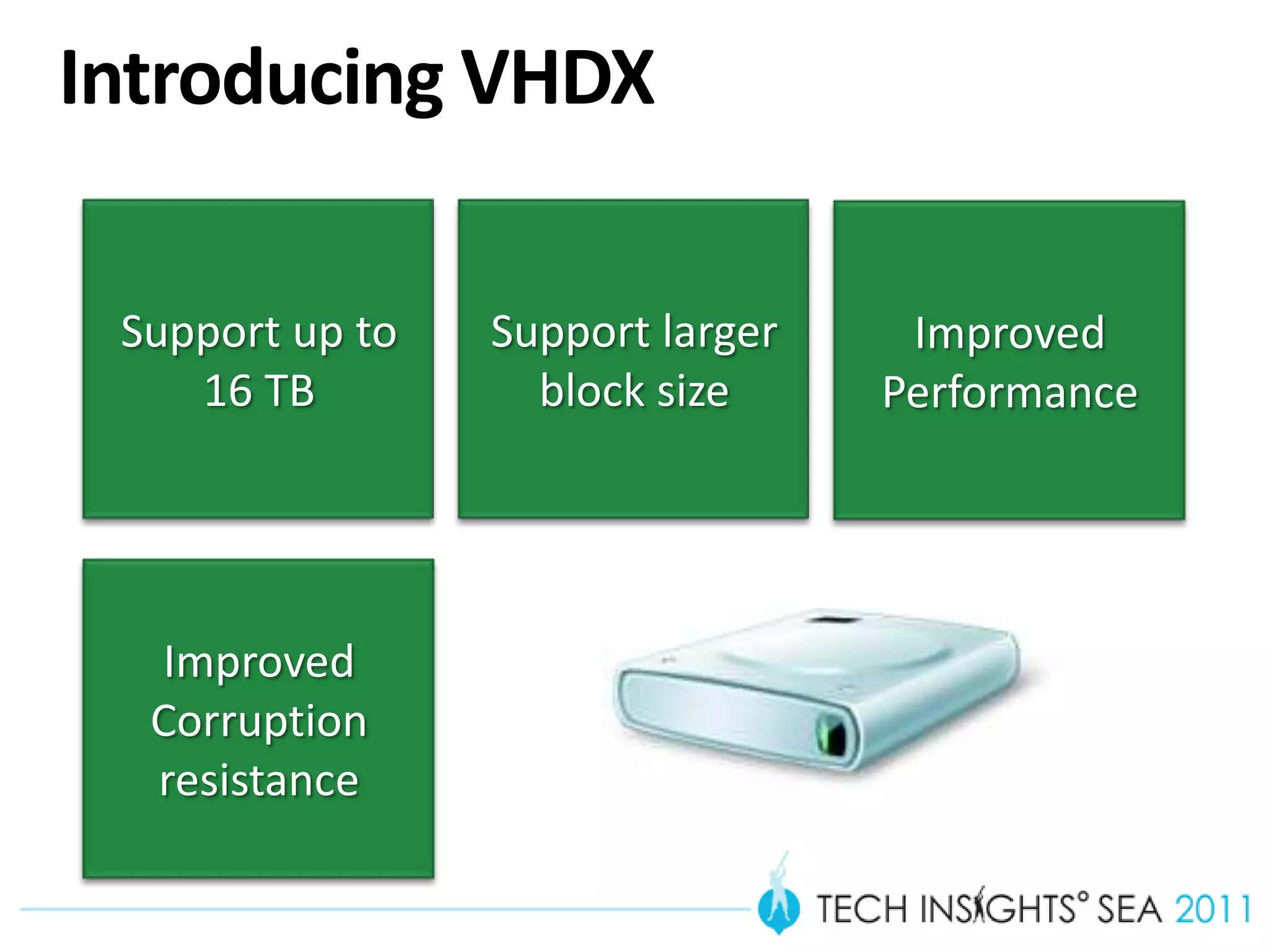 Introducing VHDX
THE NEW DEFAULT FORMAT FOR HYPER-V IN WINDOWS 8




   Support up to             Support larger        Improved
      16 TB                    block size         Performance




      Improved
      Corruption
      resistance
 